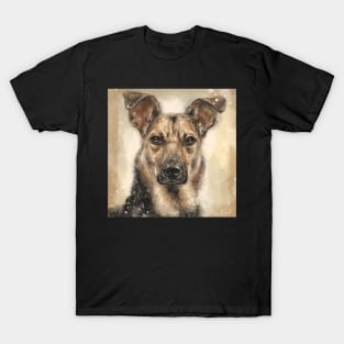 Contemporary Painting of a Serious Looking German Shepherd on Beige Background T-Shirt